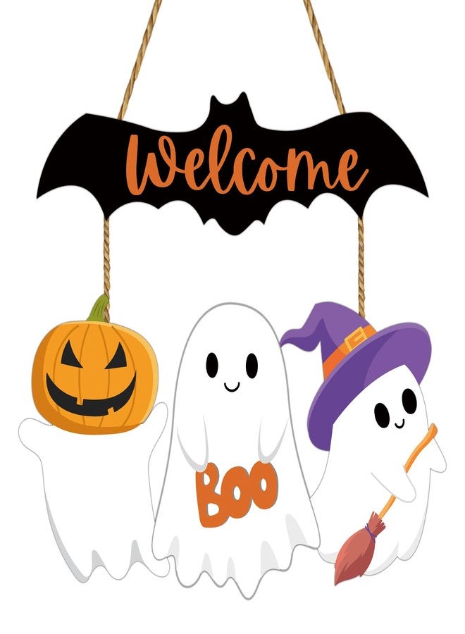 YUNKKIN Halloween Door Decorations Cute Ghost Decor Wreath Bat Welcome Sign Wooden Front Door Hanger Bat Ghost Hanging Sign Wreath for Wall Indoor Home Decor - Image 1